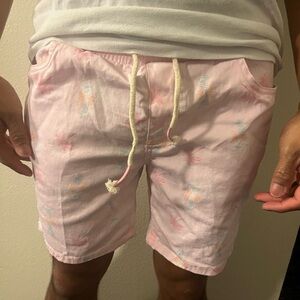 Pink Drawstring Tropical Print Shorts